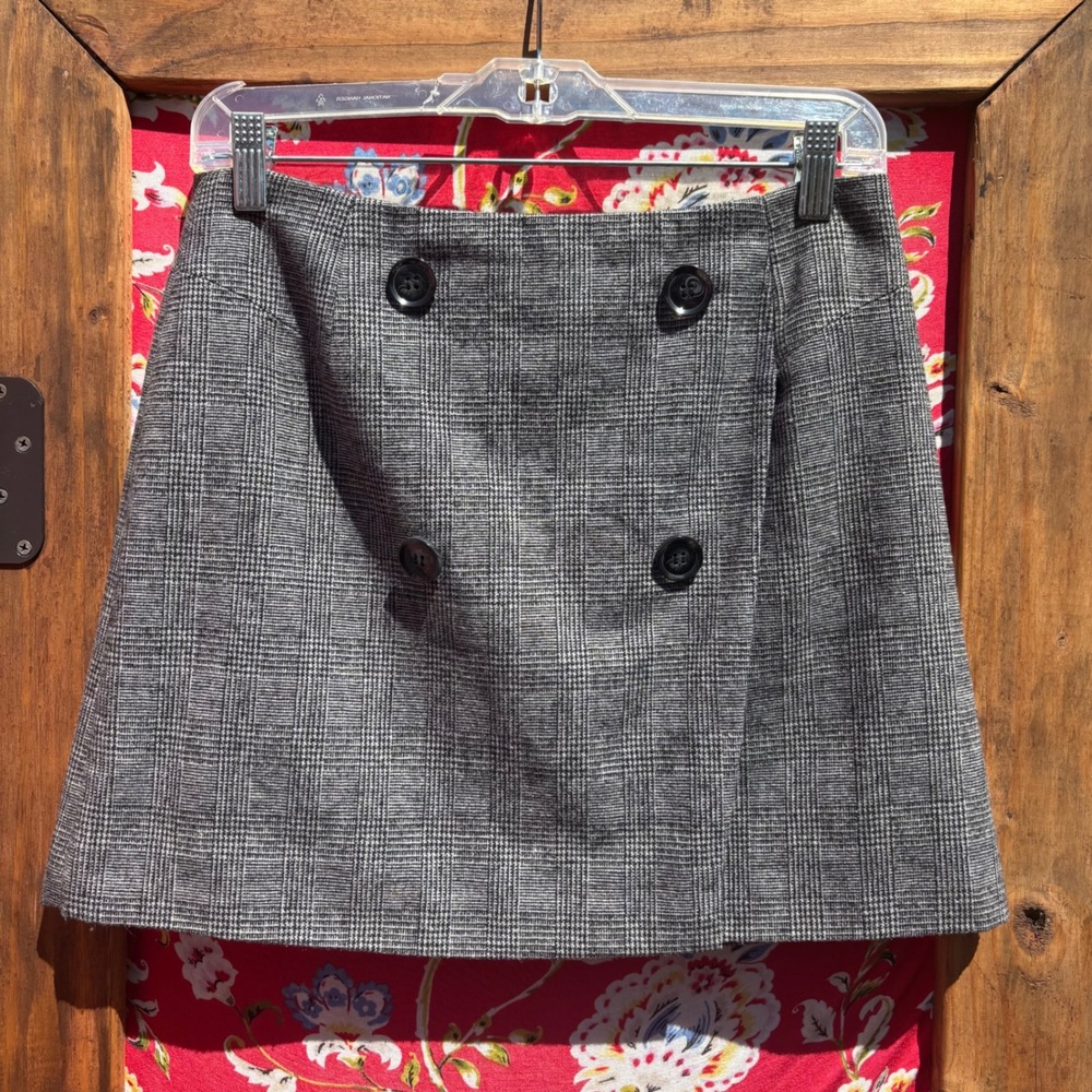 Gray Plaid Button Front Wool Blend Preppy Whimsigoth Mini Skirt Size S